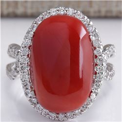 11.44CTW Natural Red Coral And Diamond Ring In 18K Yellow Gold