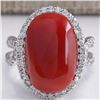 Image 1 : 11.44CTW Natural Red Coral And Diamond Ring In 18K Yellow Gold