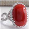 Image 2 : 11.44CTW Natural Red Coral And Diamond Ring In 18K Yellow Gold