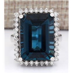 19.51 CTW Natural London Blue Topaz And Diamond Ring In14k Solid White Gold