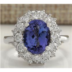 4.55 CTW Natural Blue Tanzanite And Diamond Ring In 18K White Gold