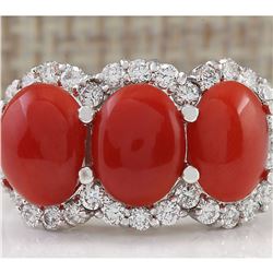 5.00 CTW Natural Coral And Diamond Ring In 18K White Gold