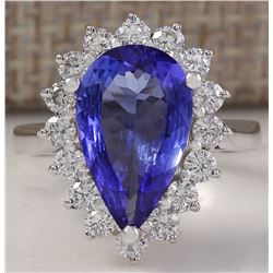 4.13 CTW Natural Blue Tanzanite And Diamond Ring In 18K Solid White Gold