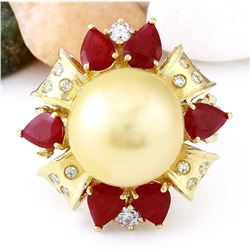 15.15 mm Gold South Sea Pearl, Ruby 14K Solid Yellow Gold Diamond Ring