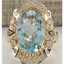 6.43 CTW Natural Blue Aquamarine And Diamond Ring 14K Solid Yellow Gold