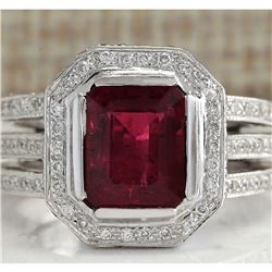 3.86 CTW Natural Red Rubelite And Diamond Ring 18K Solid White Gold