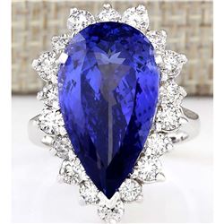 14.83 CTW Natural Blue Tanzanite And Diamond Ring 18K Solid White Gold