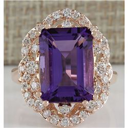 7.78 CTW Natural Amethyst And Diamond Ring In 18K Rose Gold