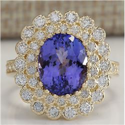 5.42 CTW Natural Blue Tanzanite And Diamond Ring In 18K Yellow Gold