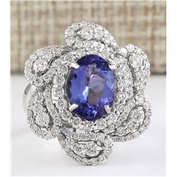 5.11tw Natural Blue Tanzanite And Diamond Ring 18K Solid White Gold