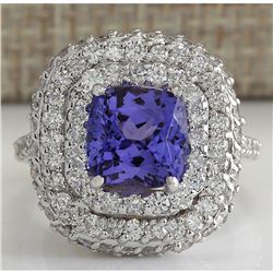 6.88 CTW Natural Tanzanite Diamond Ring 18K Solid White Gold