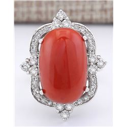 14.42 CTW Natural Coral And Diamond Ring In 14k White Gold