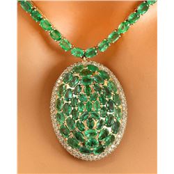 53.00 CTW Natural Emerald 14K Solid Yellow Gold Diamond Pendant Necklace