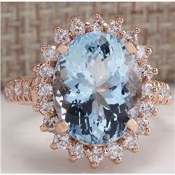 6.77 CTW Natural Aquamarine And Diamond Ring In 18K Solid Rose Gold