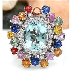 8.03 CTW Natural Aquamarine, Sapphire 14K Solid White Gold Diamond Ring