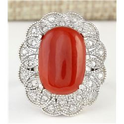 9.07 CTW Natural Coral And Diamond Ring In 14k White Gold