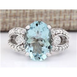 6.02 CTW Natural Aquamarine And Diamond Ring In 14k White Gold