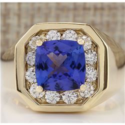 MENS 4.04 CTW Natural Blue Tanzanite And Diamond Ring 18K Solid Yellow Gold