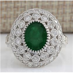 3.09 CTW Natural Emerald And Diamond Ring In 14K White Gold