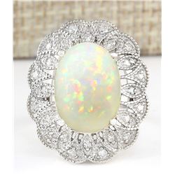 6.32 CTW Natural Opal And Diamond Ring In 18K White Gold