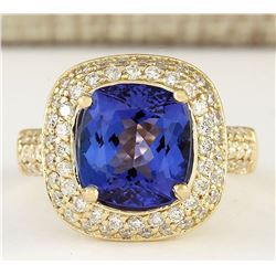 5.27 CTW Natural Tanzanite And Diamond Ring In 18K Yellow Gold