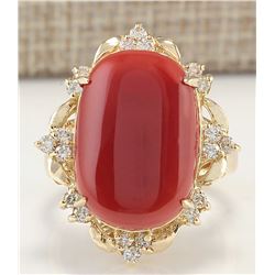 12.38CTW Natural Coral And Diamond Ring In 14K Yellow Gold