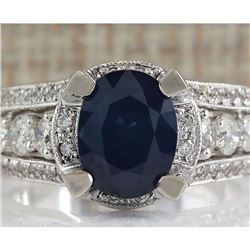 4.45 CTW Natural Blue Sapphire And Diamond Ring In 14K White Gold
