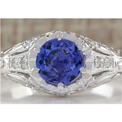 1.05 CTW Natural Tanzanite And Diamond Ring 18K Solid White Gold