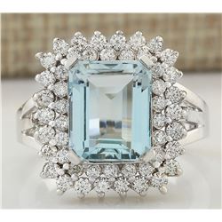 5.52 CTW Natural Aquamarine And Diamond Ring In 14k Solid White Gold