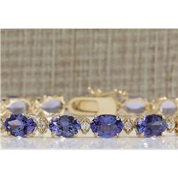 18.03 CTW Natural Tanzanite And Dimond Bracelet In 18K Solid Yellow Gold