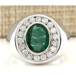 MENS 3.82 CTW Natural Emerald And Diamond Ring In 18K White Gold