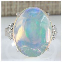 9.82 CTW Natural Opal And Diamond Ring 18K Solid White Gold