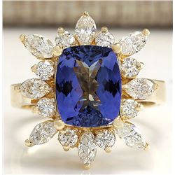 4.36 CTW Natural Blue Tanzanite And Diamond Ring In 18K Solid Yellow Gold