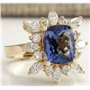 Image 2 : 4.36 CTW Natural Blue Tanzanite And Diamond Ring In 18K Solid Yellow Gold