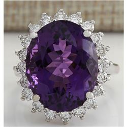 14.82 CTW Natural Amethyst And Diamond Ring In 18K Solid White Gold