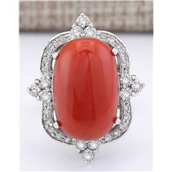 14.42 CTW Natural Coral And Diamond Ring In 18K White Gold