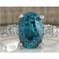 7.65 CTW Natural Blue Zircon And Diamond Ring 18K Solid White Gold