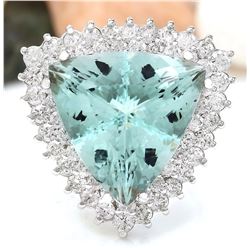 17.32 CTW Natural Aquamarine 18K Solid White Gold Diamond Ring