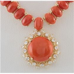63.65 CTW Natural Red Coral And Diamond Necklace In 14K Yellow Gold