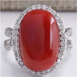 11.44 CTW Natural Red Coral And Diamond Ring In 18K White Gold