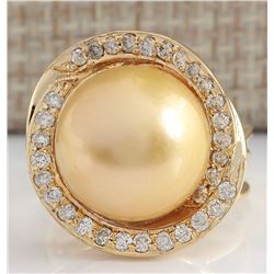 0.60 CTW Natural 13.70mm Gold South Sea Pearl Diamond Ring 14K Yellow Gold