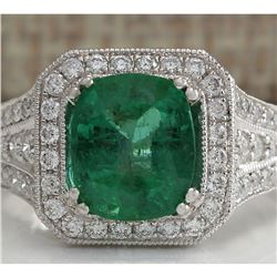 4.30 CTW Natural Colombian Emerald And Diamond Ring 14K Solid White Gold