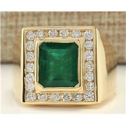 MENS 5.00 CTW Natural Mens Emerald And Diamond Ring In 18K Yellow Gold