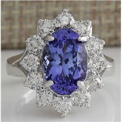 4.55 CTW Natural Blue Tanzanite And Diamond Ring 18K Solid White Gold