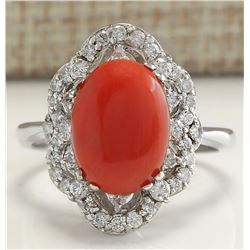 3.76 CTW Natural Red Coral And Diamond Ring 18K Solid White Gold