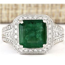 4.88 CTW Natural Emerald And Diamond Ring In 14k White Gold