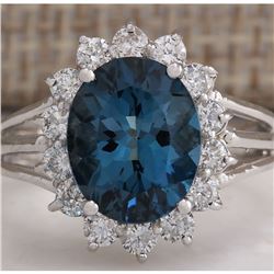 4.37CTW Natural London Blue Topaz And Diamond Ring In18K Solid White Gold