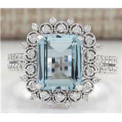 4.15 CTW Natural Aquamarine And Diamond Ring In 18K White Gold