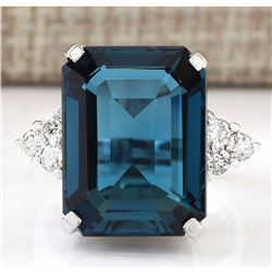 13.04 CTW Natural London Blue Topaz And Diamond Ring In14k Solid White Gold