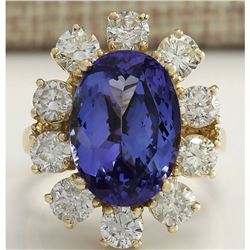 10.17 CTW Natural Blue Tanzanite And Diamond Ring In 18K Solid Yellow Gold
